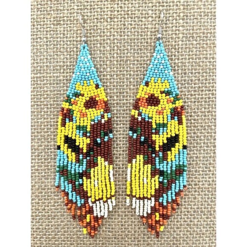 Handmade Miyuki Seed-Bead Fringe Dangling Earrings Sunflowers Blue Sky NWT